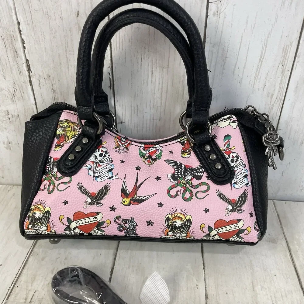 Ed Hardy Pink/Black Skull Tattoo Satchel Purse Studded Embroidered Zip Charm NWT